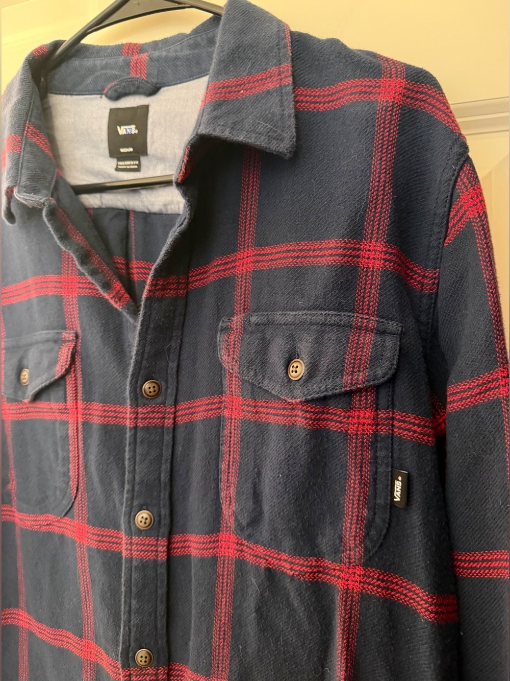 Van’s Men’s 100% Cotton Flannel, Navy/Red, M - Picture 3 of 9